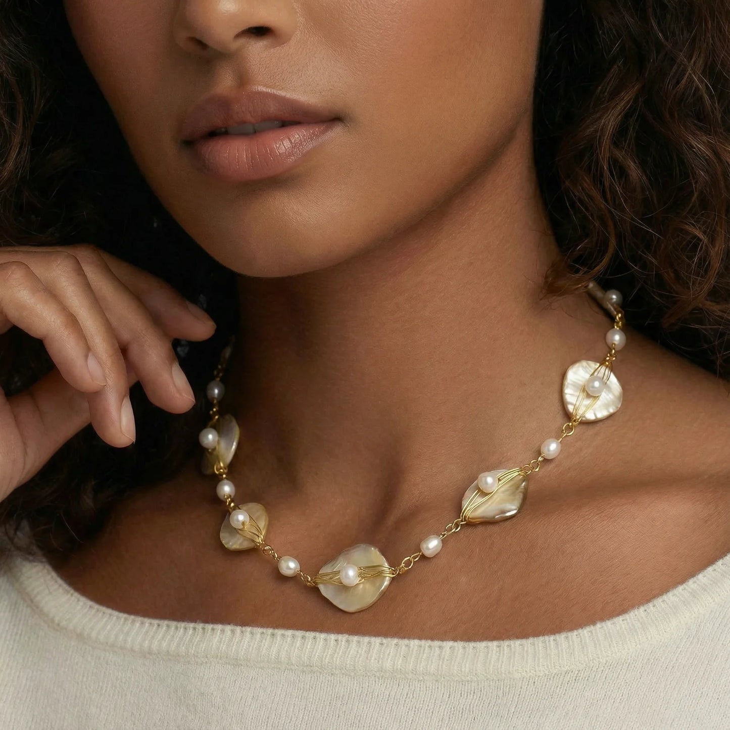 Golden 14K Leaf Freshwater Pearl Necklace
