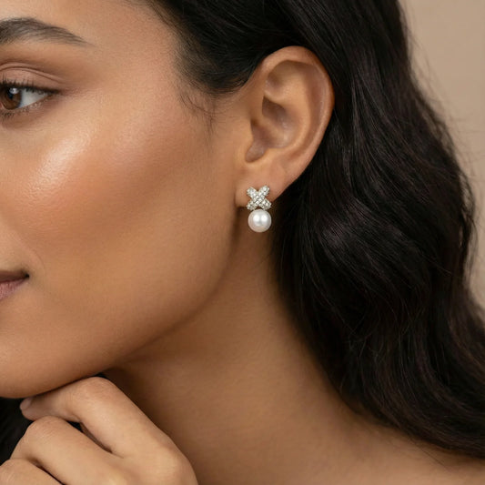 Crystal Pave and Freshwater Pearl XO Studs