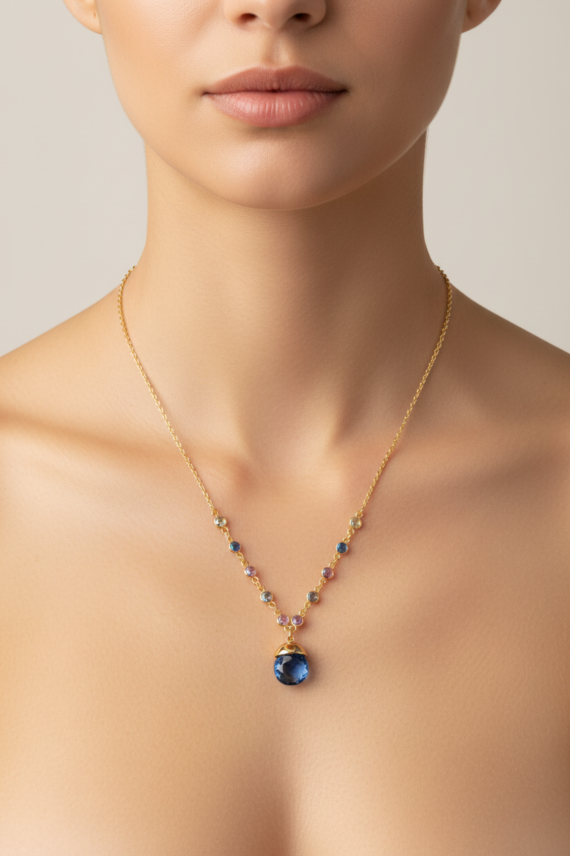 16" + 2" 14 Karat Gold Plated Blue Glass Drop Necklace