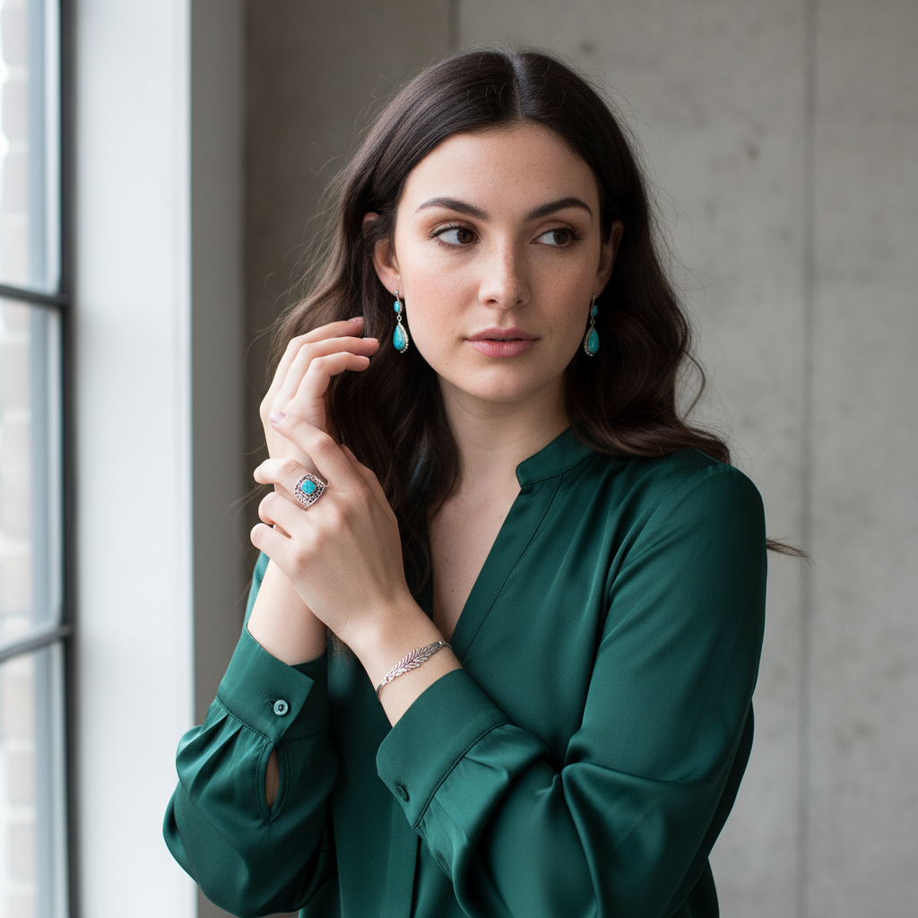 Beaded Design Turquoise Cabochon Sterling Silver 925e Ring