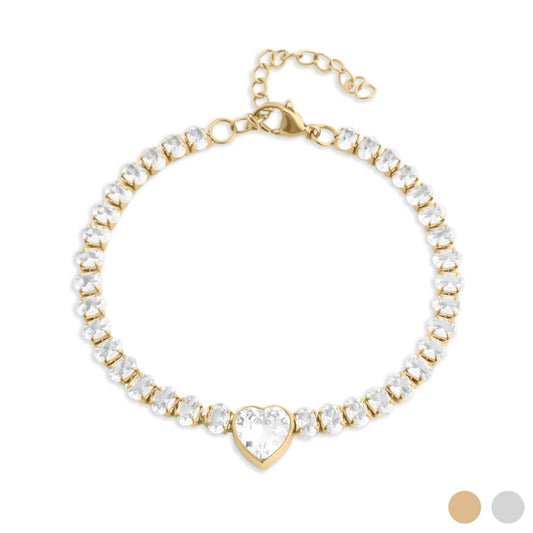 18K Gold | Stainless Steel Tennis Chain Bracelet with Heart CZ Marquis Center Stone