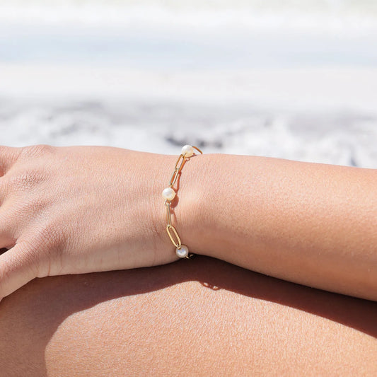 18K Gold PVD Stainless Steel Station Pearl Paperclip Bracelet