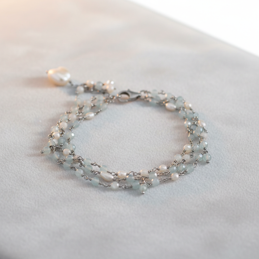 7"+1" Three Strand Aquamarine and Cultured Freshwater Pearl Bracelet