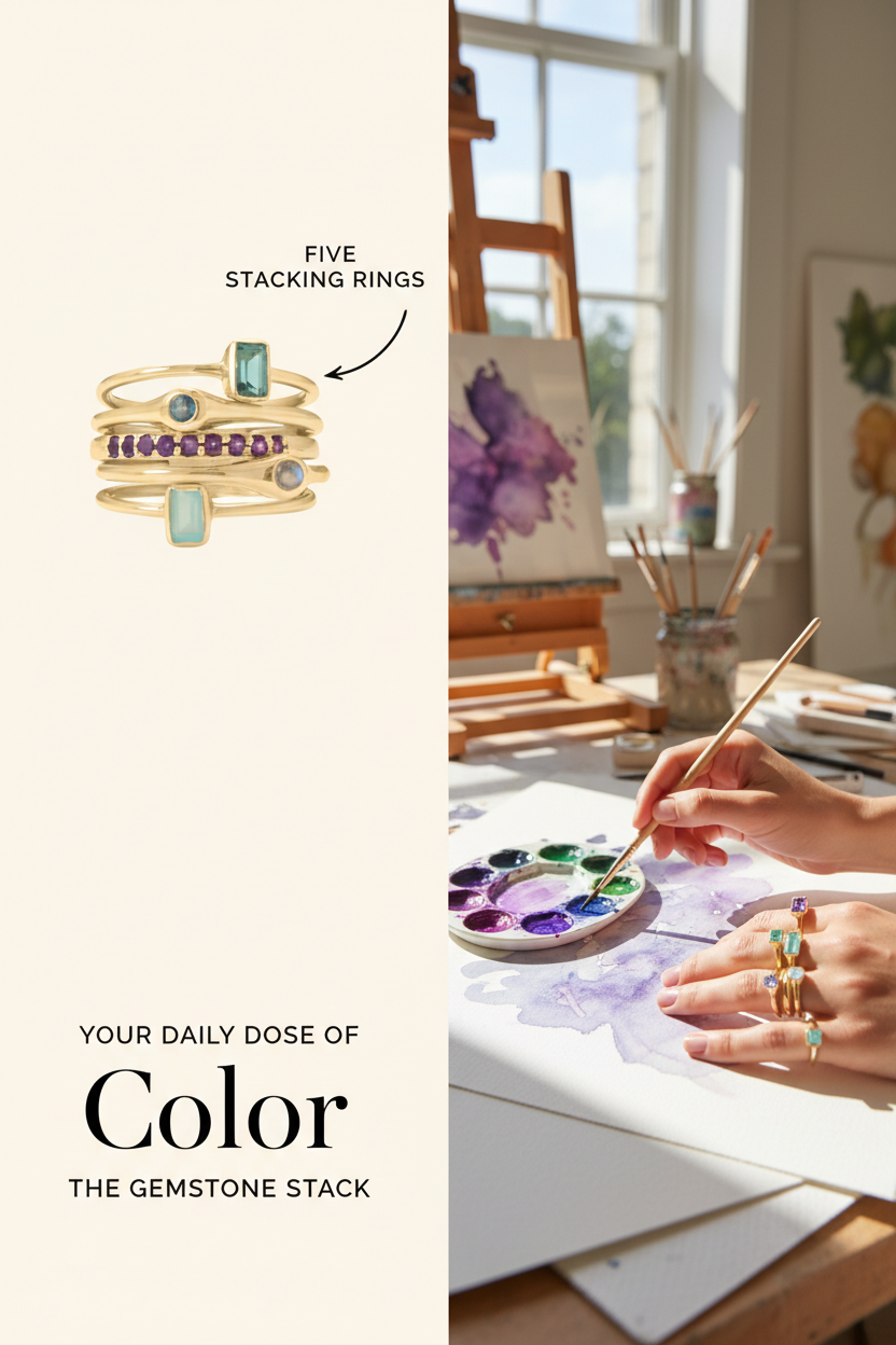 Life in Color! 14 Karat Gold and Gemstones Five Stacking Ring Set