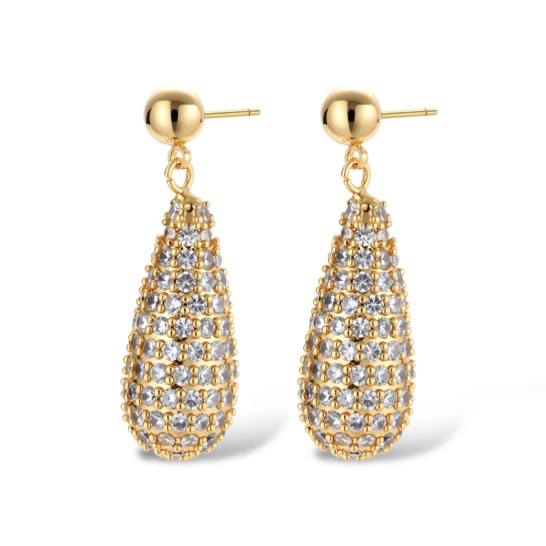 Gold-plated teardrop necklace and earrings covered in AAA cubic zirconia crystals on cream background.