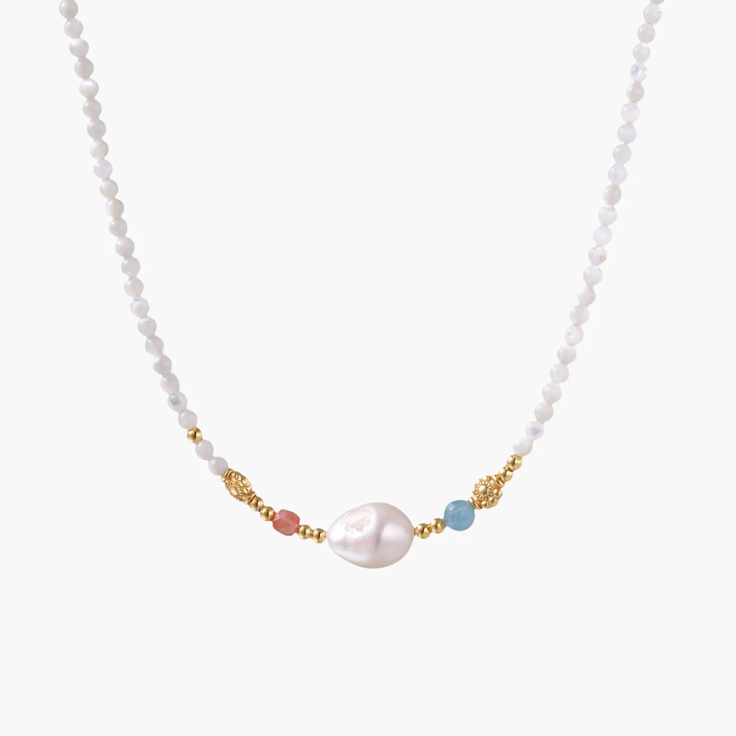 Freshwater Pearl Baroque Beaded Emerald | Coral 18 K Gold Vermeil Necklace