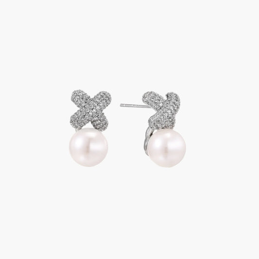 Crystal Pave and  Freshwater Pearl XO  Studs