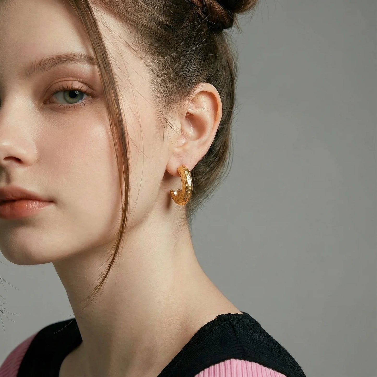 Hand-textured 14K Gold and Steel Dimpled Glow Hoops