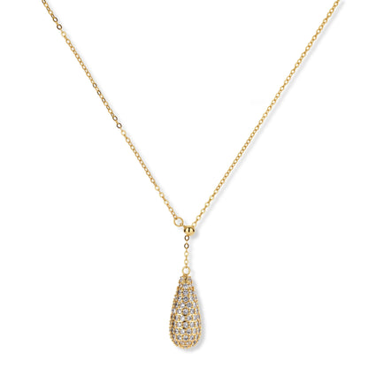 Gold-plated teardrop necklace and earrings covered in AAA cubic zirconia crystals on cream background.