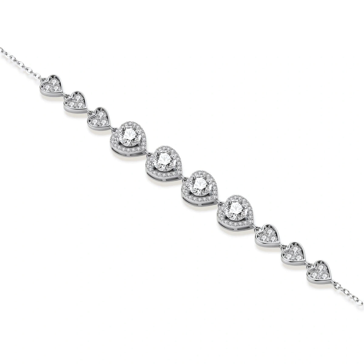 Sterling silver bracelet with graduated heart-shaped links and sparkling moissanite stones in VVS1 clarity on white background.