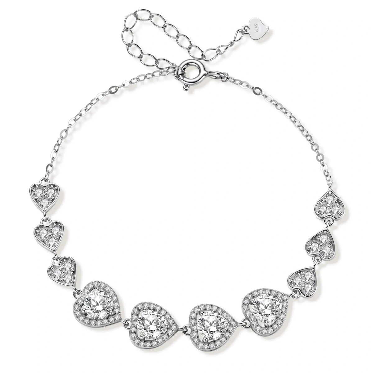 Sterling silver bracelet with graduated heart-shaped links and sparkling moissanite stones in VVS1 clarity on white background.