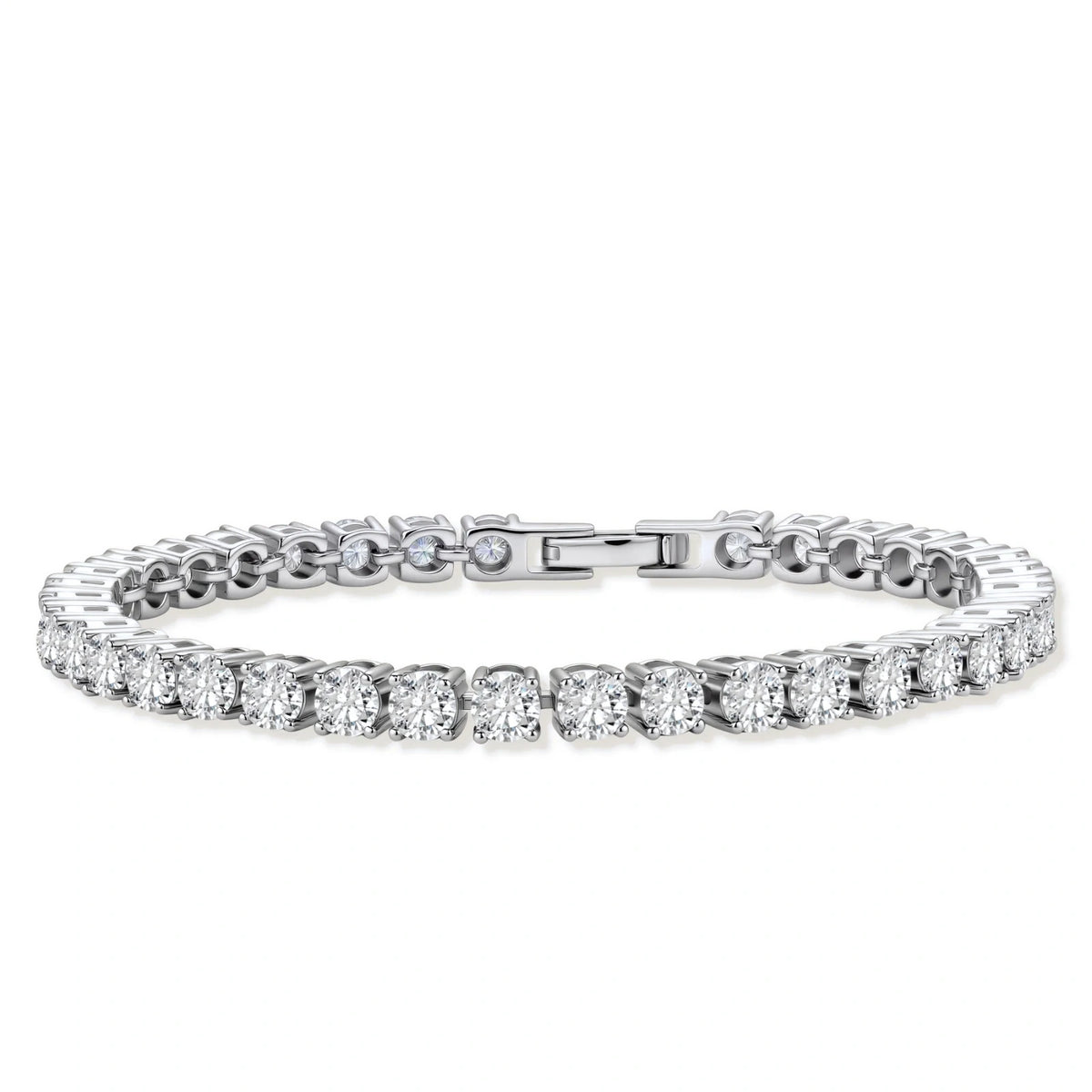 Sterling silver tennis bracelet with continuous row of brilliant moissanite stones and secure clasp closure on cream background.