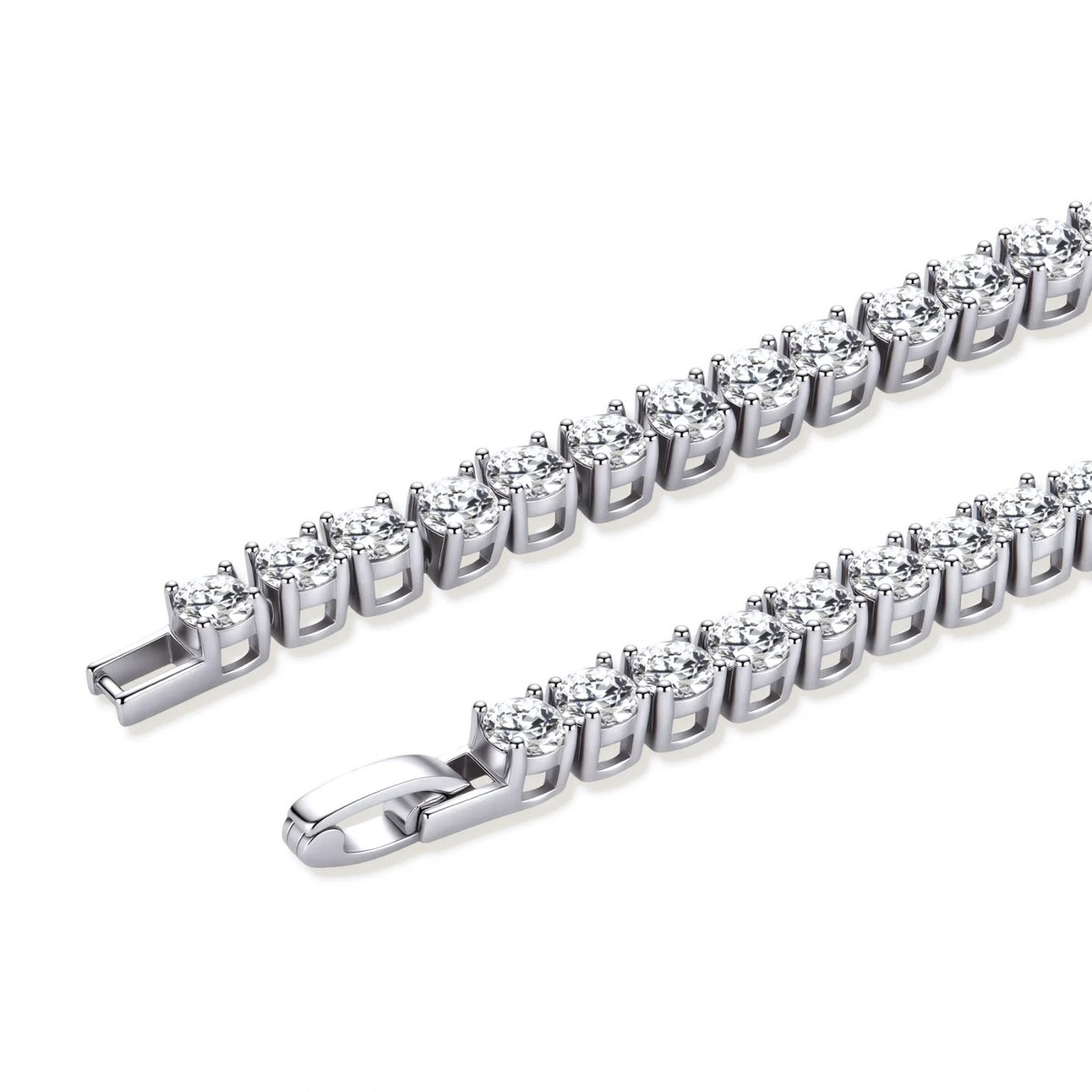 Sterling silver tennis bracelet with continuous row of brilliant moissanite stones and secure clasp closure on cream background.