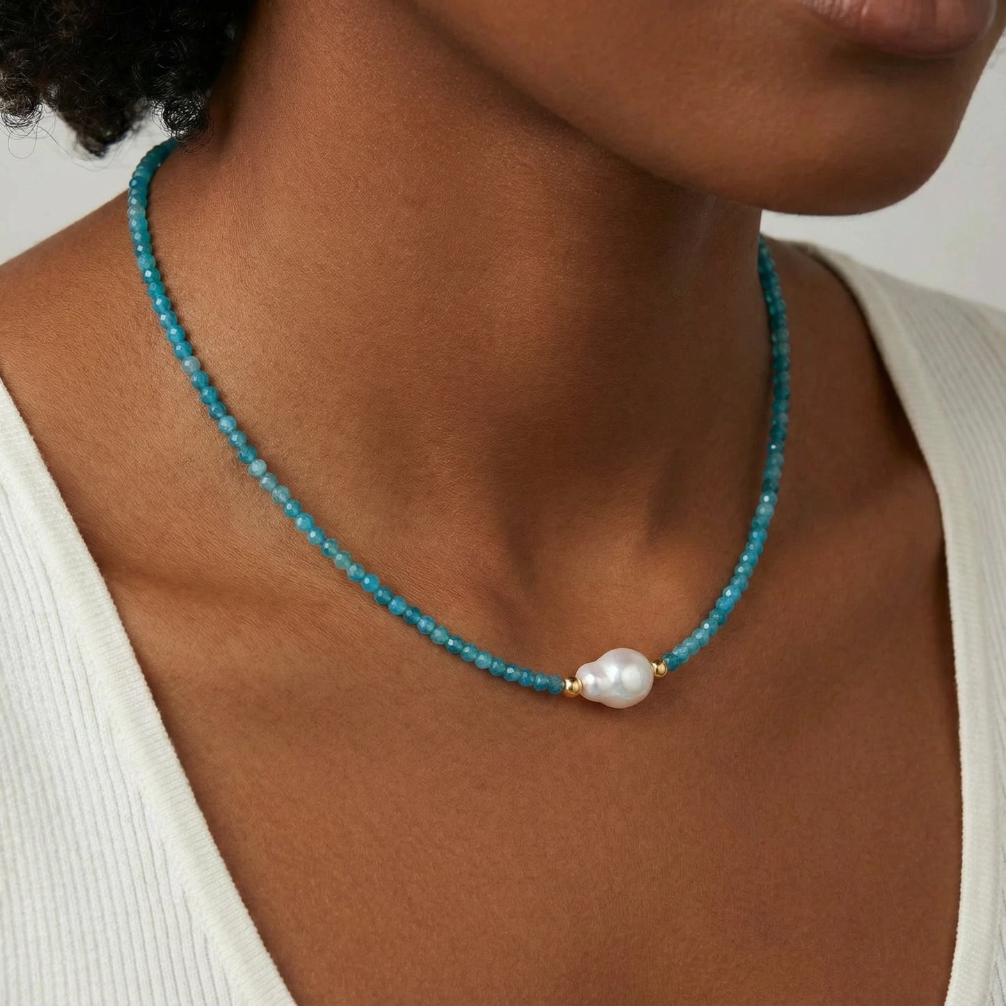 Apatite Dreams Pearl Necklace and 18K gold  by Gabriella's Jewels