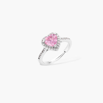 Pink heart-shaped cubic zirconia jewelry set with white gold plating featuring necklace, earrings, bracelet and ring