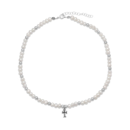 13" + 2" White Cultured Freshwater Pearl Cross Drop Necklace