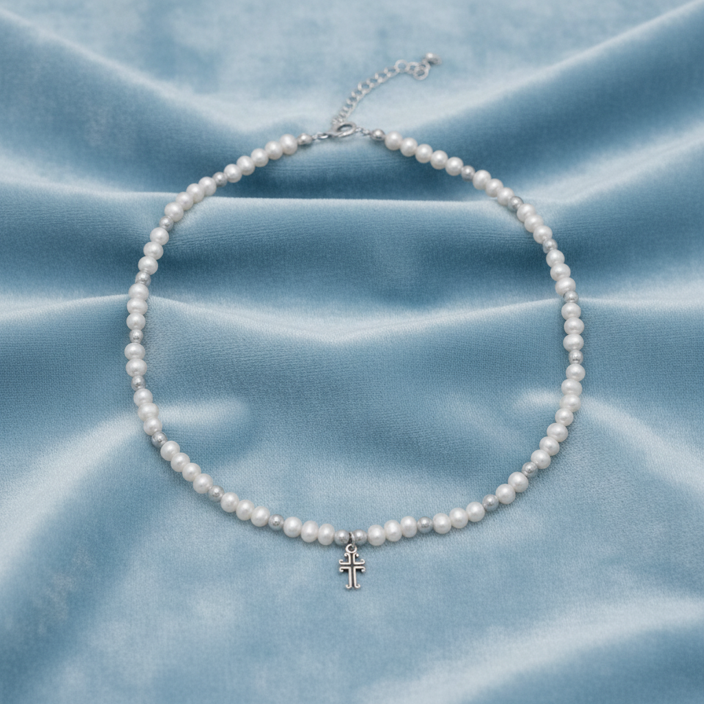 White Cultured Freshwater Pearl Cross Drop Necklace