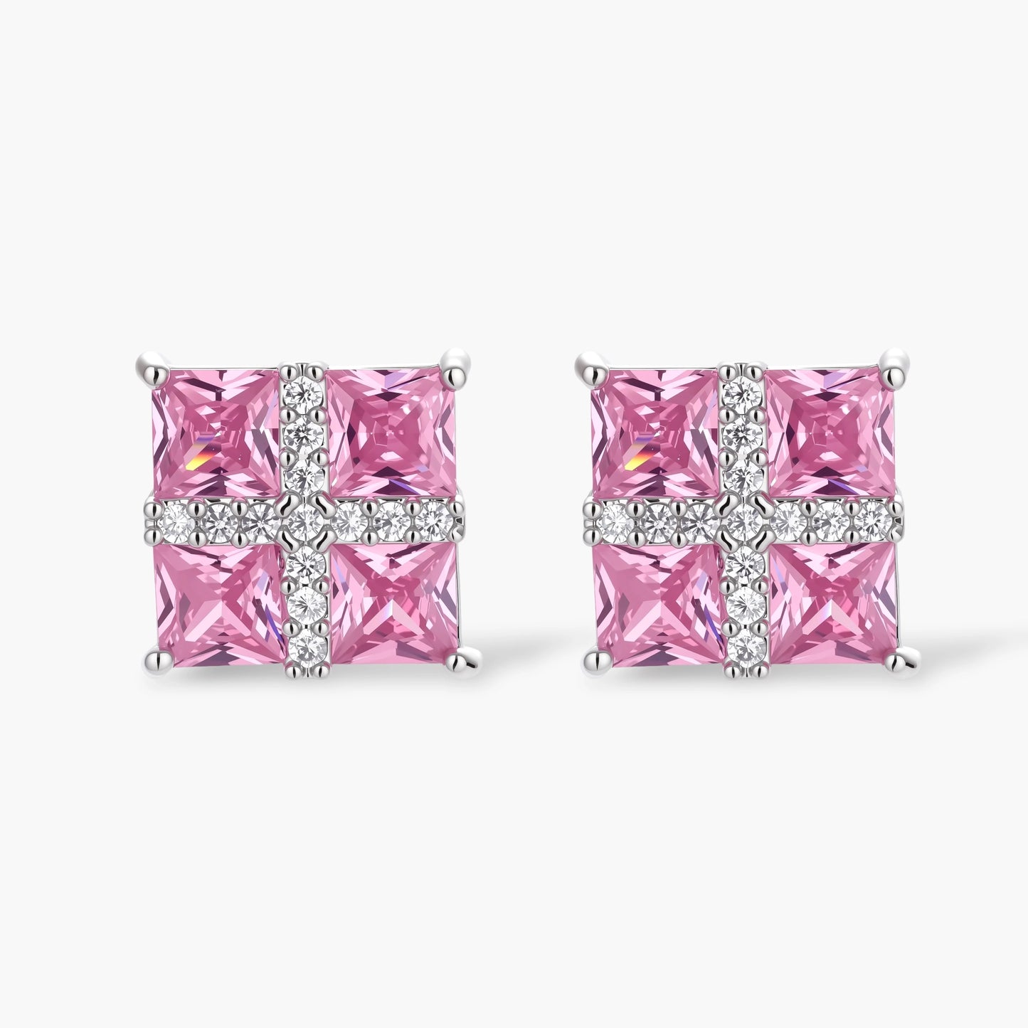 White gold plated jewelry set with pink cubic zirconia stones in geometric cross design, featuring Y-necklace and square stud earrings