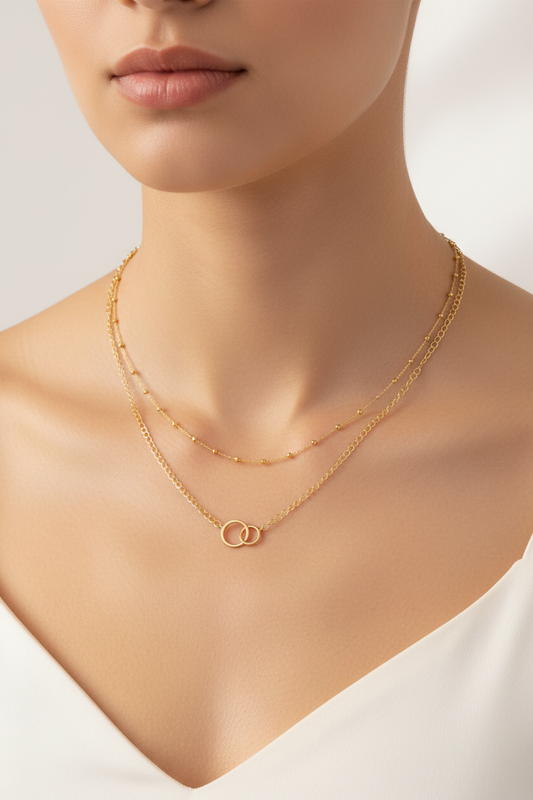 14 Karat Gold Plated 925e Sterling Silver Multistrand Beaded Necklace with Infinity Circle