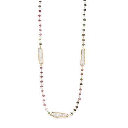 24" 14 Karat Gold Plated Tourmaline and Cultured Freshwater Pearl Necklace