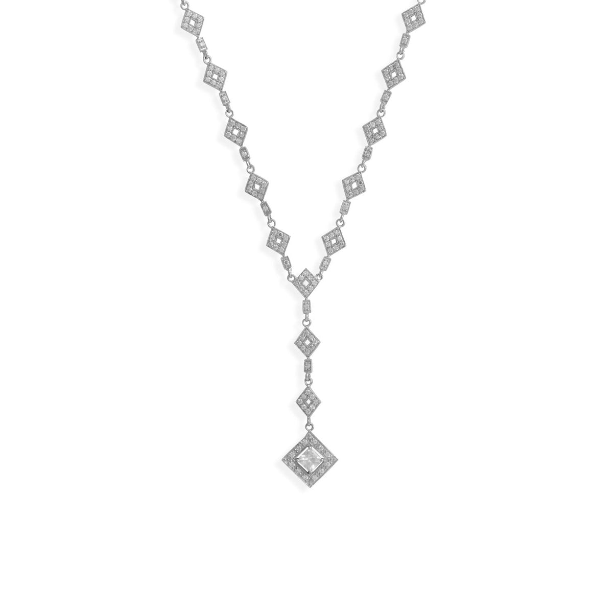 16" Rhodium Plated CZ Diamond Shape Y Drop Necklace