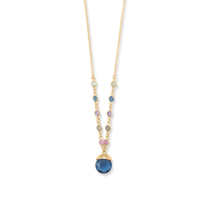 16" + 2" 14 Karat Gold Plated Blue Glass Drop Necklace