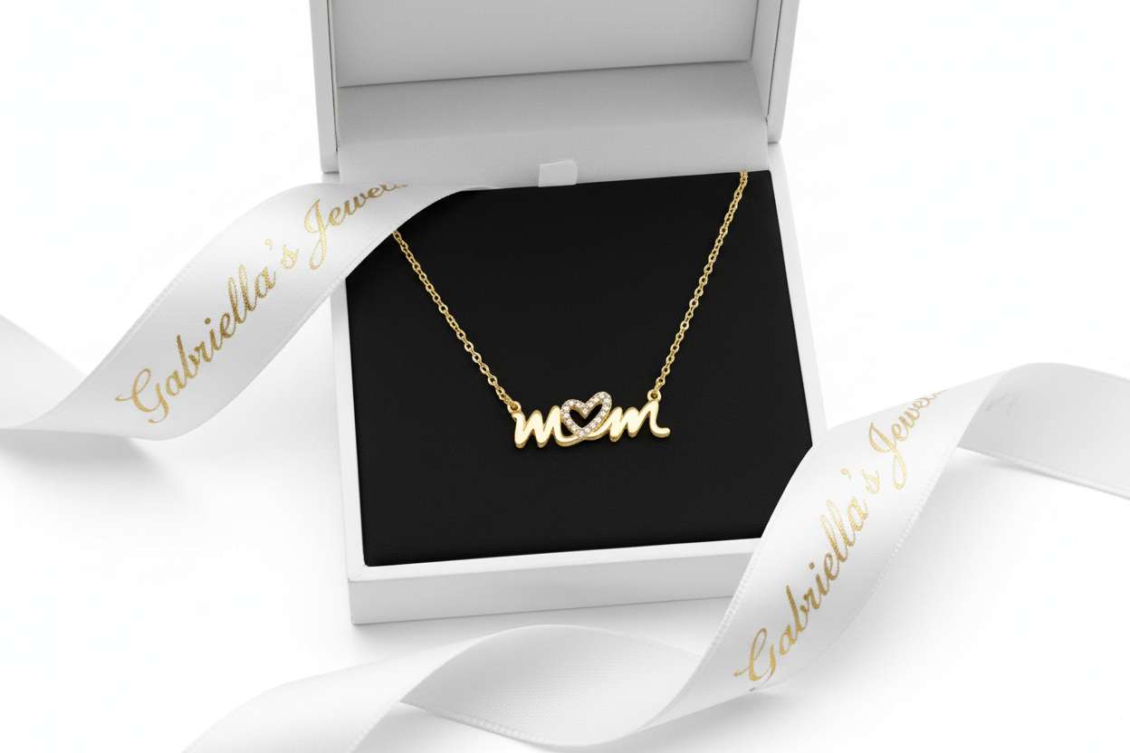 16" + 2" 14 Karat Gold Plated CZ Heart "MOM" Necklace