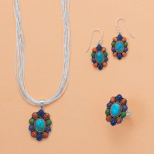 Oxidized Oval Multi Stone Flower Earrings