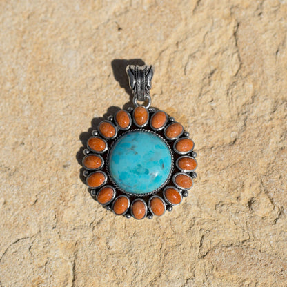 Turquoise and Coral Sunburst on a Sterling Silver Pendant