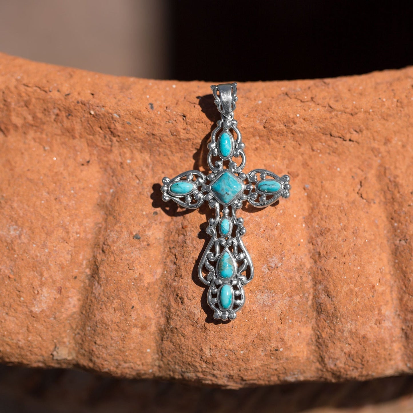 Ornate Oxidized Sterling Silver Turquoise Cross Pendant