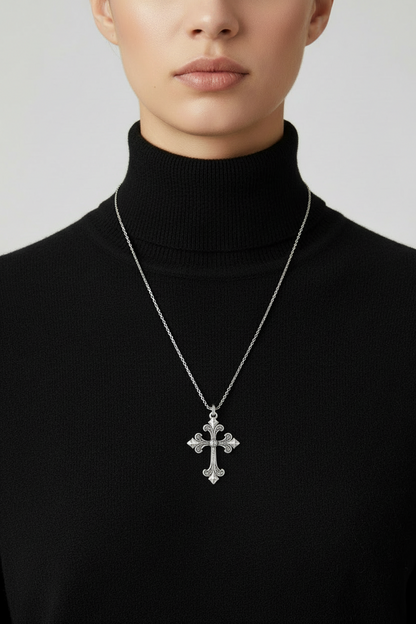 Sterling Silver  Fleur De Lis Cross Pendant