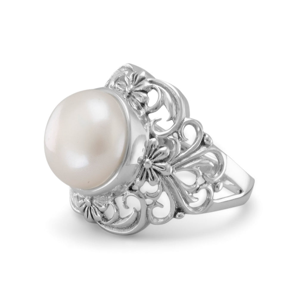 Ornate Silver and Cultured Freshwater Pearl Ring