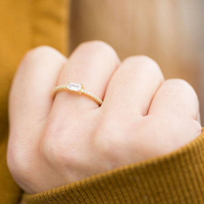 14 Karat Gold Plated 925e Sterling Silver Rectangle Baguette CZ Ring