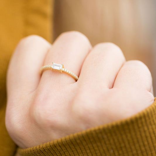 14 Karat Gold Plated 925e Sterling Silver Rectangle Baguette CZ Ring