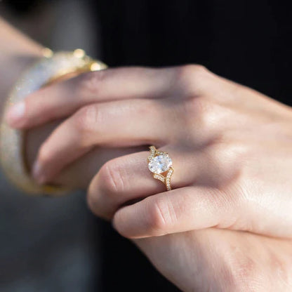 14 Karat Gold Plated Solitaire Oval Ring with CZ Band