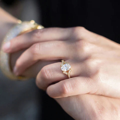 14 Karat Gold Plated Solitaire Oval Ring with CZ Band