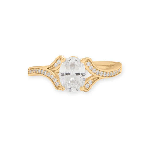 14 Karat Gold Plated Solitaire Oval Ring with CZ Band