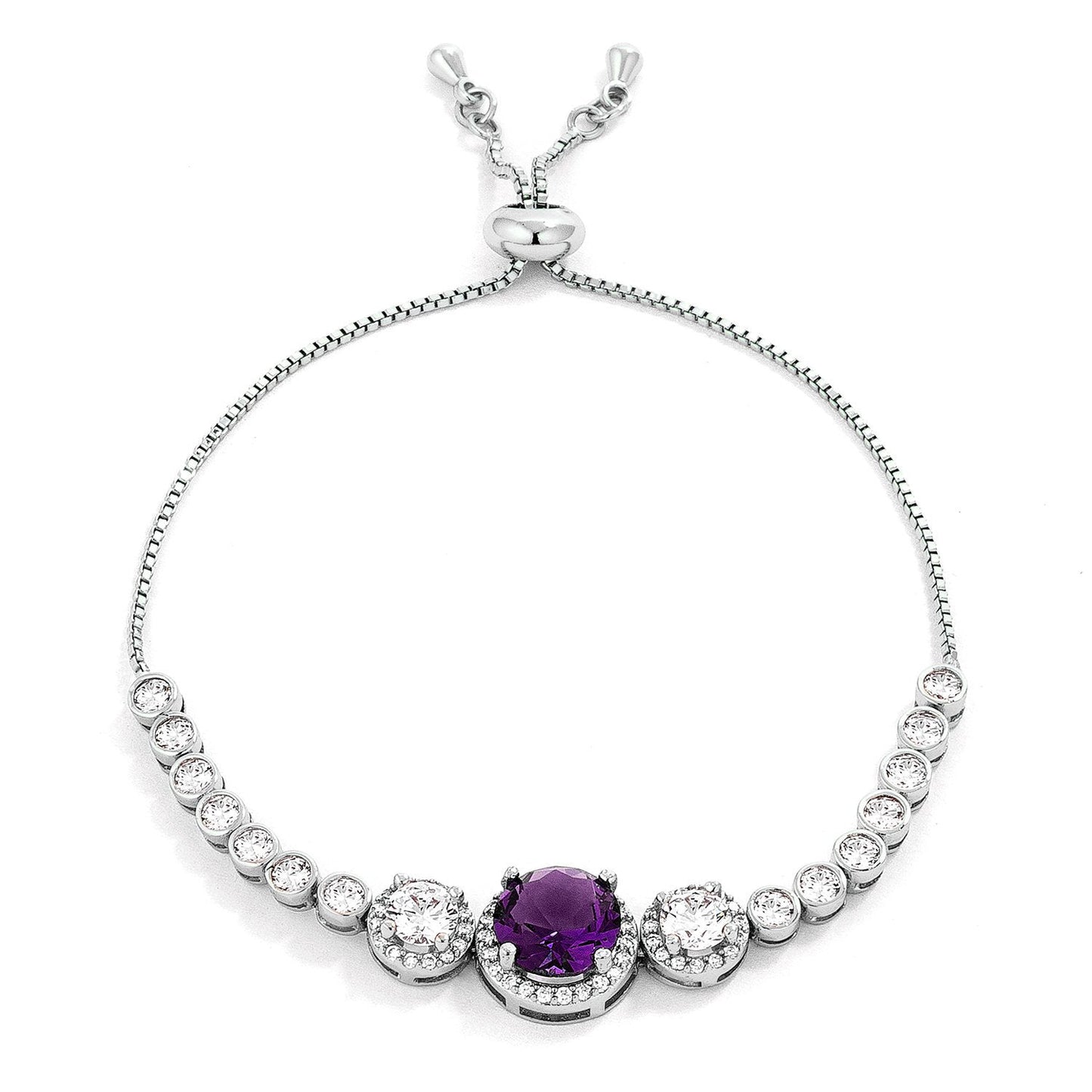 Adjustable Silver Plated Graduated Purple & Clear CZ Bolo Style Tennis Bracelet