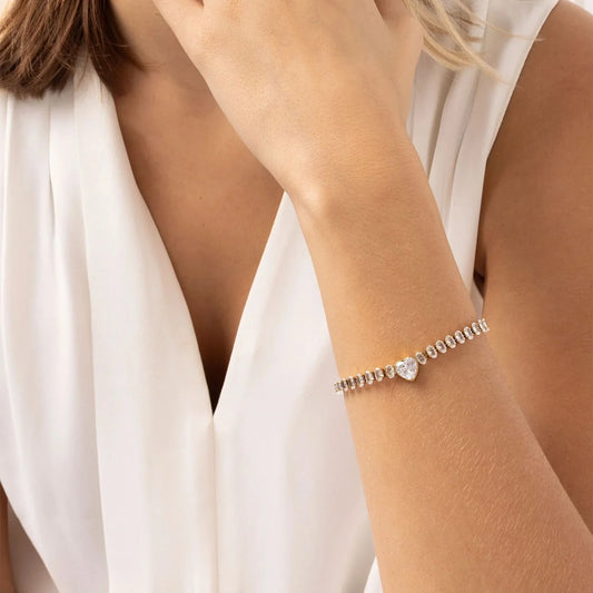 18K Gold | Stainless Steel Tennis Chain Bracelet with Heart CZ Marquis Center Stone