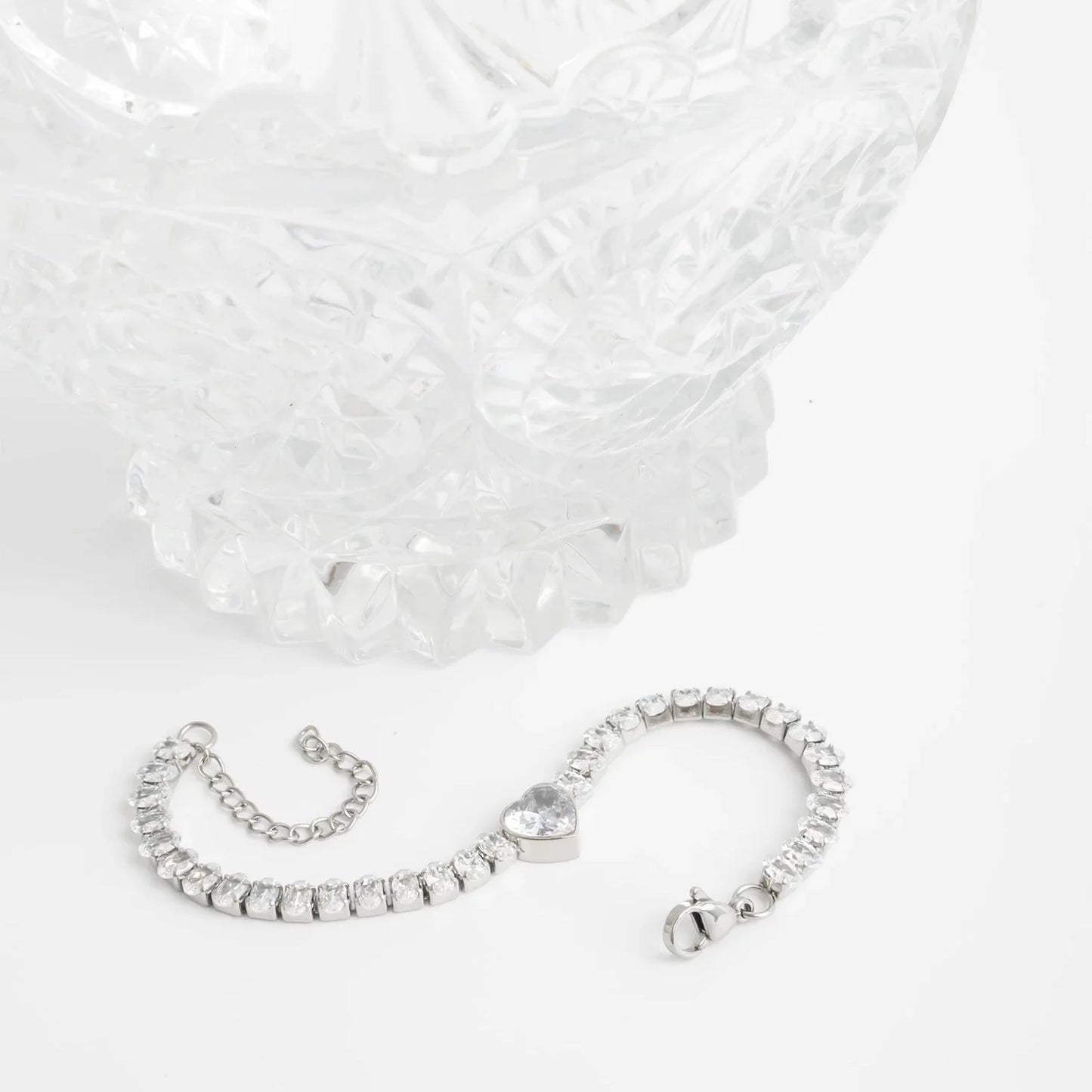 18K Gold | Stainless Steel Tennis Chain Bracelet with Heart CZ Marquis Center Stone