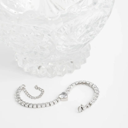 18K Gold | Stainless Steel Tennis Chain Bracelet with Heart CZ Marquis Center Stone