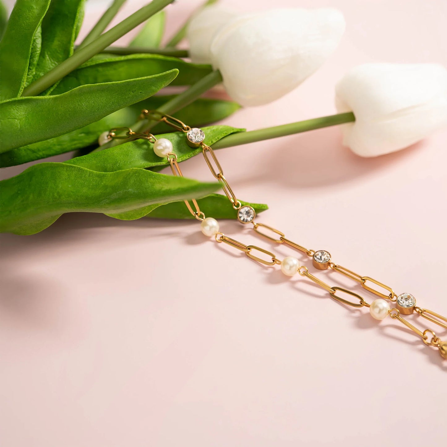 18K Gold PVD Stainless Steel Crystal Stone Paperclip Chain Necklace