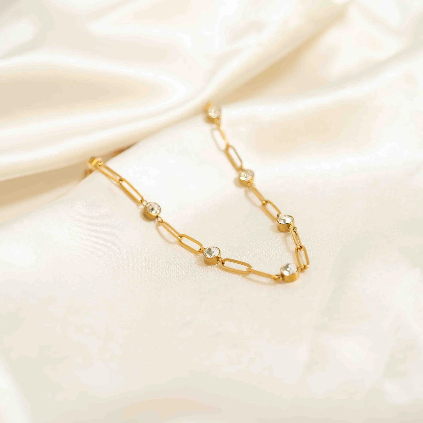 18K Gold PVD Stainless Steel Crystal Stone Paperclip Chain Necklace