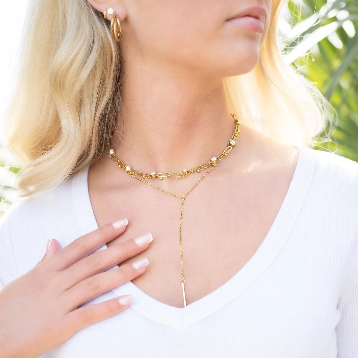 18K Gold PVD Stainless Steel Crystal Stone Paperclip Chain Necklace