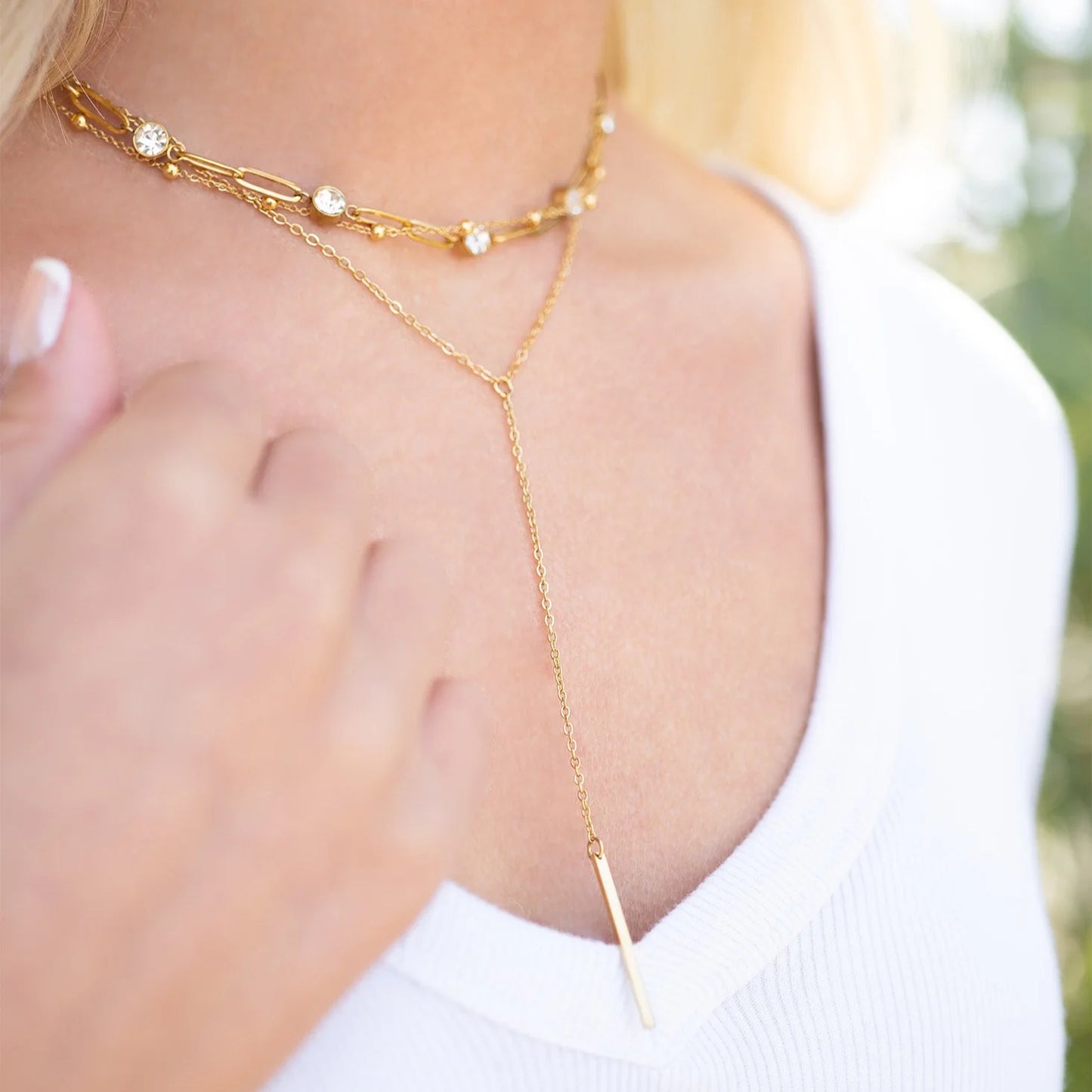 18K Gold PVD Stainless Steel Crystal Stone Paperclip Chain Necklace
