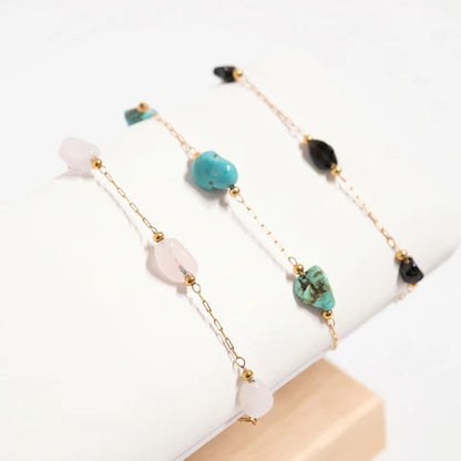 18 Karat Gold  Stainless Steel Quartz Crystal, Onyx or Turquoise Station Bracelet