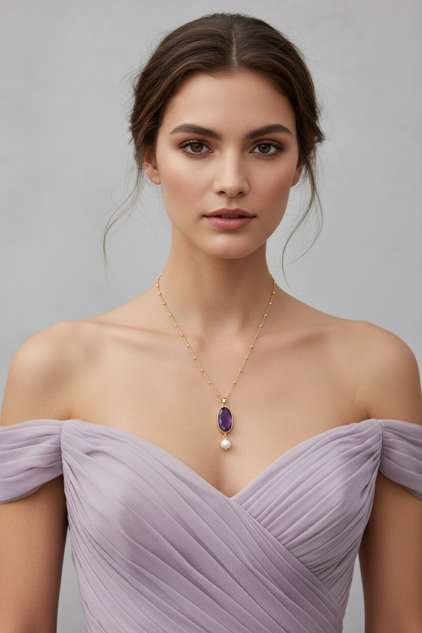 16" + 2" 14 Karat Gold Plated Amethyst and Pearl Necklace