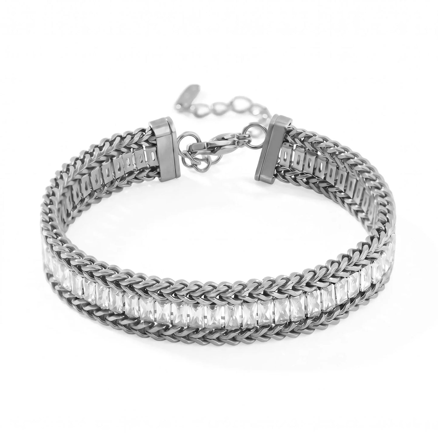 18 Karat Gold PVD Stainless Steel Baguette CZ Wheat Chain Bracelet