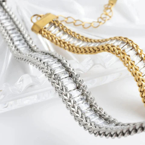 18 Karat Gold PVD Stainless Steel Baguette CZ Wheat Chain Bracelet