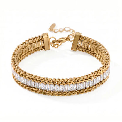 18 Karat Gold PVD Stainless Steel Baguette CZ Wheat Chain Bracelet